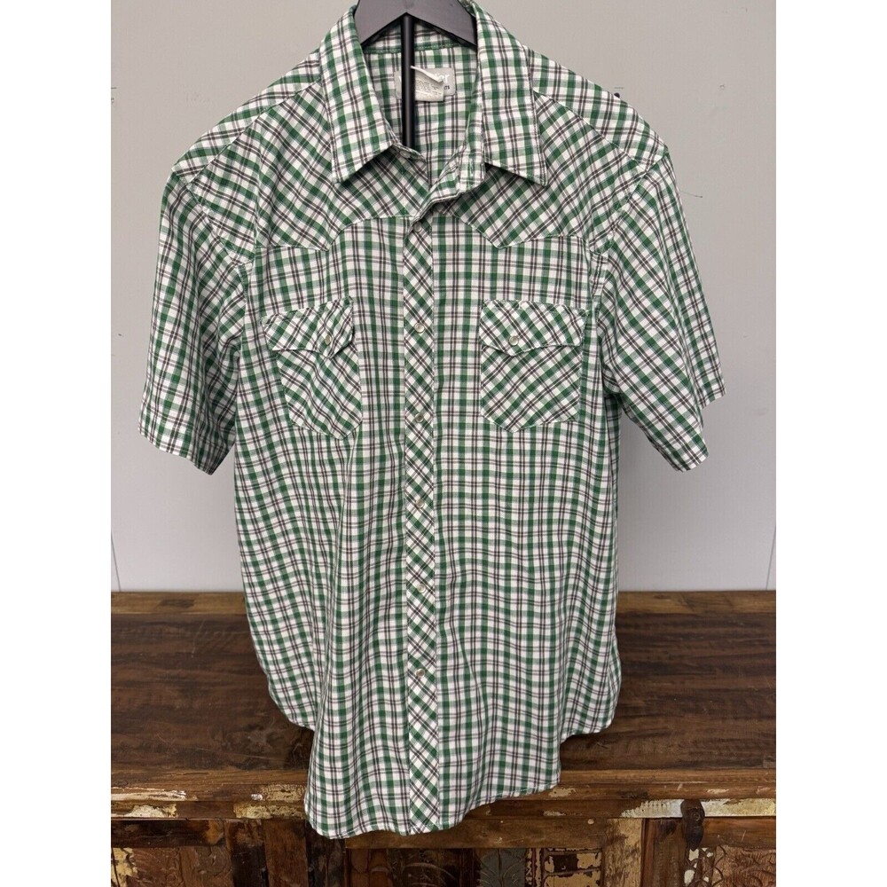 Wrangler Size XL Mens Western Shirt Geeen Plaid Short Sleeve Pearl Snaps